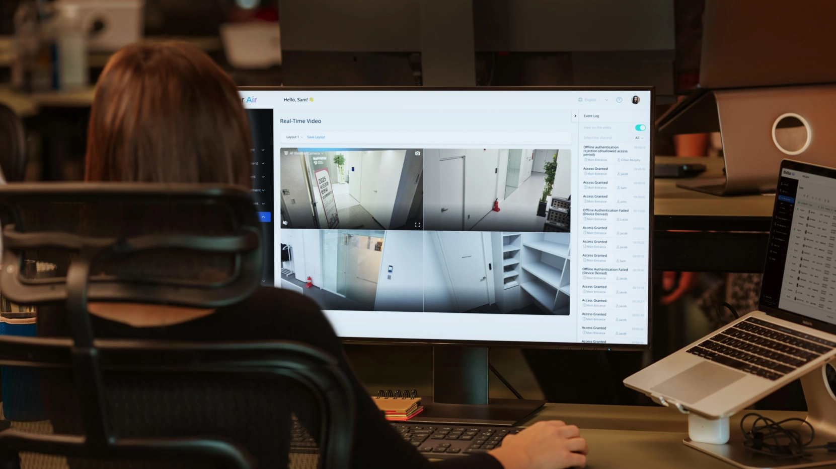 Space Manager monitoring real-time CCTV feeds using the BioStar Air cloud access control platform.