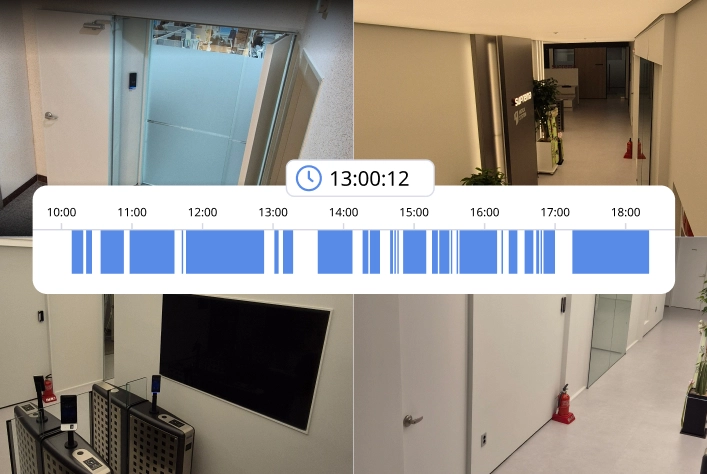 BioStar Air interface showing recorded access events with synchronized multi-camera video timeline.