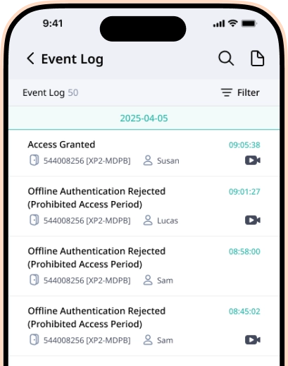 Mobile view of BioStar Air event logs with access status, timestamps, and real-time alert icons