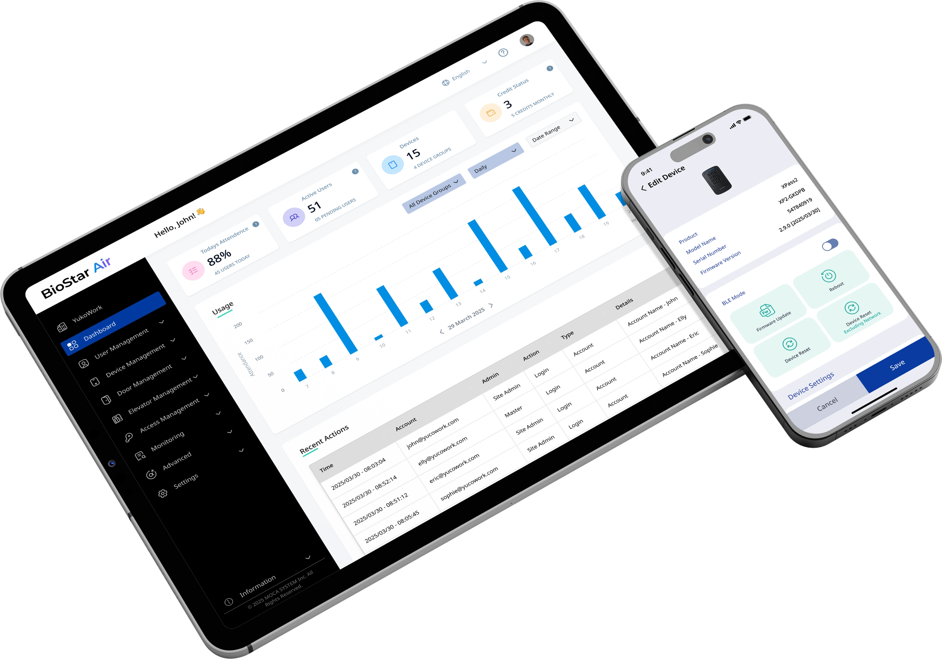 BioStar Air cloud dashboard on desktop and mobile, showing real-time access data, device status, and activity logs