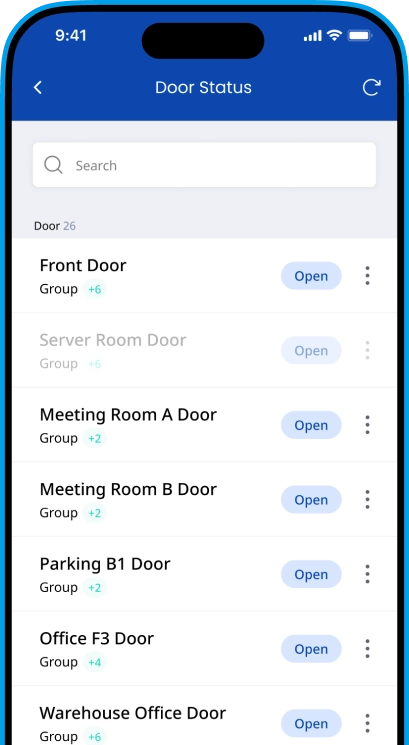 Real-time door status interface on BioStar Air app, enabling remote unlock and live door control.