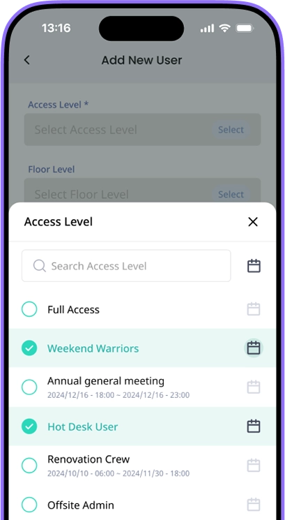 BioStar Air mobile interface for selecting customized access levels by user group or time schedule