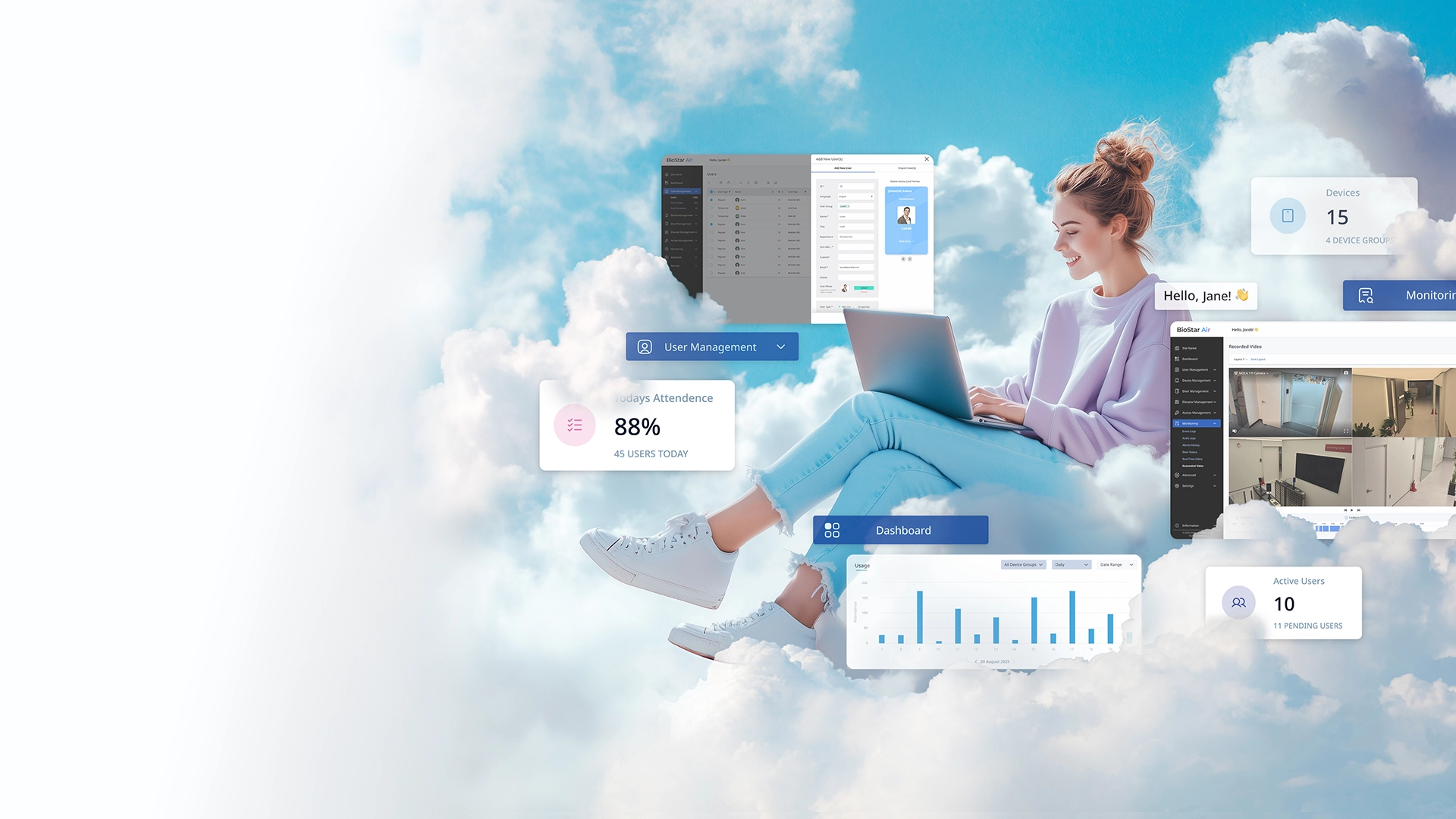 Space owner managing cloud access control with BioStar Air dashboard on desktop computer, displaying user analytics and site activity
