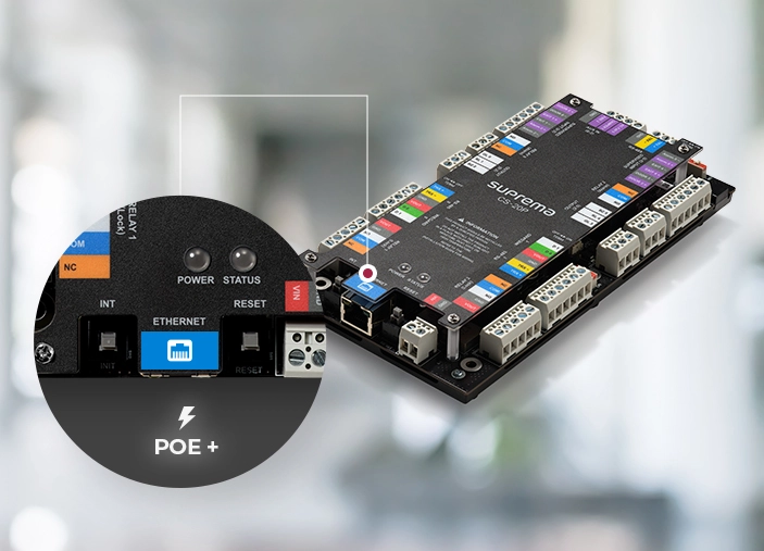 Close-up view of CS-20P with PoE+ port highlighted for simplified power and data integration